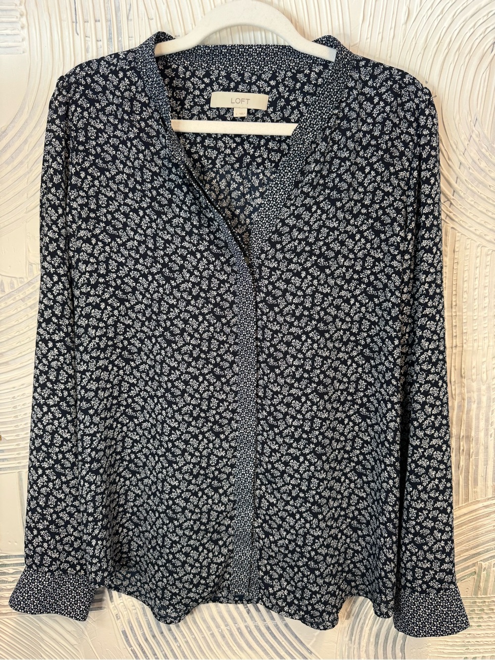 LOFT Navy Micro Floral V-Neck Blouse